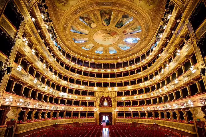 Lavish gilded interior of Palermo’s historic opera house visited on Monreale, Monte Pellegrino and Mondello full day tour