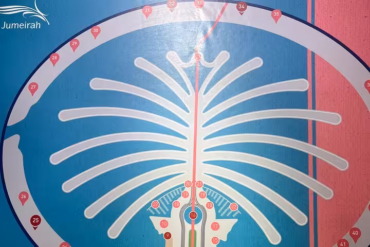 Palm Jumeirah map display with numbered fronds and crescent, key stop on The View at The Palm entrance tour