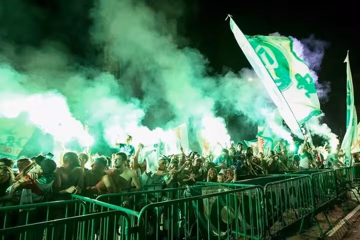Palmeiras crowd with green smoke and flags outside Allianz Parque on São Paulo matchday fan experience tour