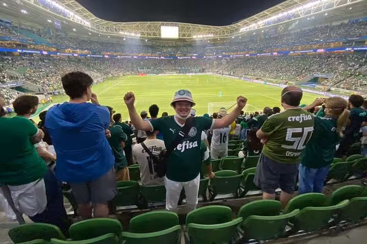 Palmeiras fans celebrating inside Allianz Parque during São Paulo game experience with local host tour