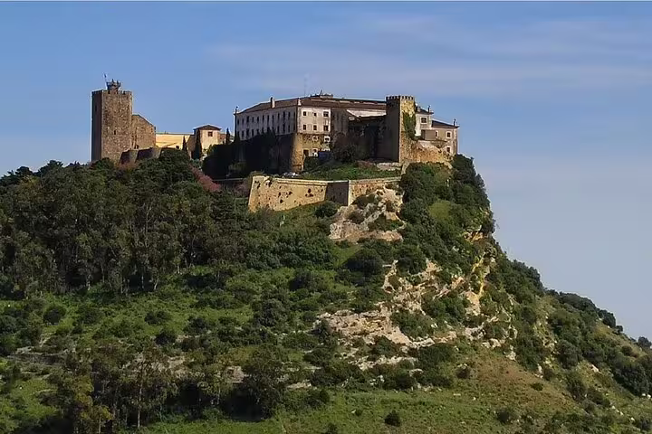 Hilltop view of the historic Palmela Castle, surrounded by lush greenery, featured in the Arrábida, Azeitão, Setúbal tour.