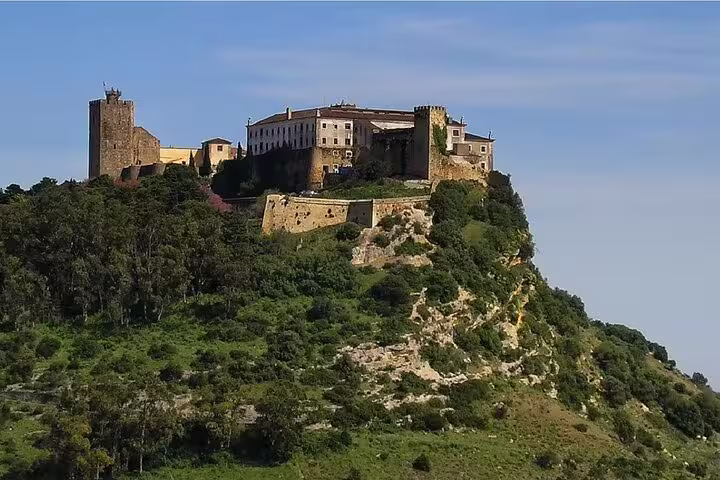 Scenic view of Palmela Castle perched on a lush green hill, a highlight of the Arrábida and Setúbal private tour.