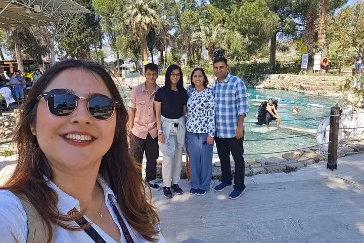 Happy travelers at Pamukkale Cleopatra Pool on a private tour from Denizli Airport, Turkey