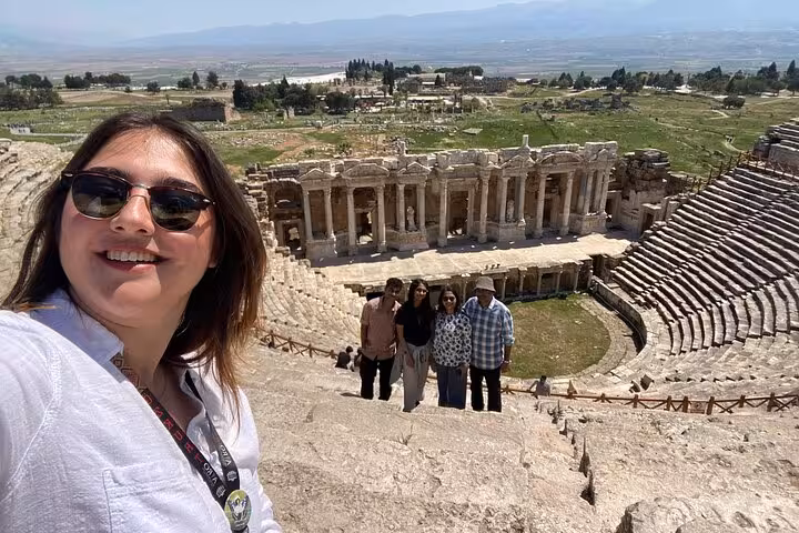 Group selfie at Hierapolis ancient theater on a private Pamukkale tour from Denizli Airport, Turkey