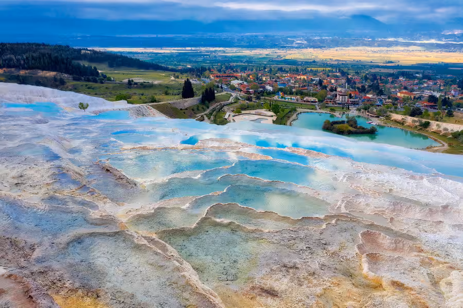 Pamukkale travertine terraces with blue pools