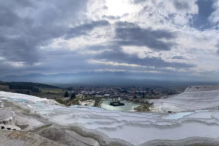 Panoramic view over Pamukkale travertines and valley, scenic stop on 3-day Ephesus Pamukkale tour from Istanbul