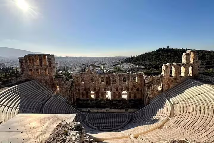 Panathenaic Stadium amphitheater view over Athens, featured on a half-day private car tour with a local