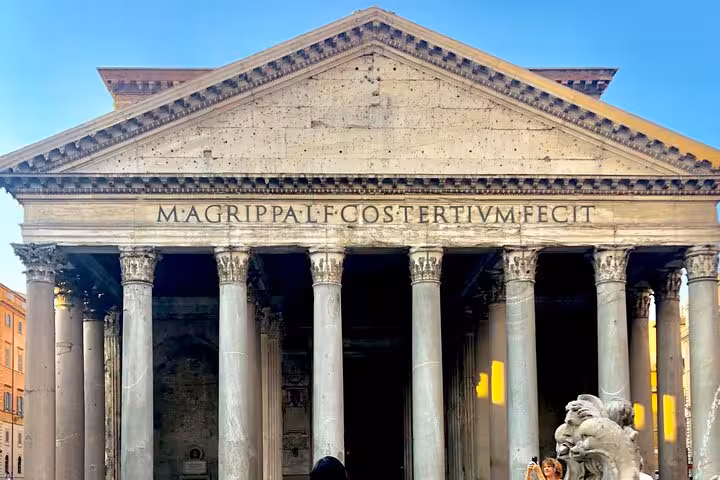 Close-up of the Pantheon's grand entrance with detailed columns, ideal for guided skip-the-line tour listings.