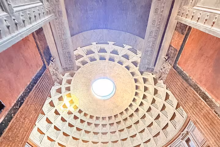 Interior view of the Pantheon dome with its central oculus, capturing the stunning architectural detail in Rome.