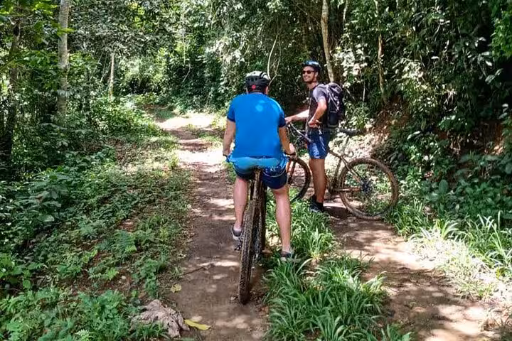 Two cyclists pause on a verdant forest path during a guided bike tour in Paraty, Brazil, showcasing natural beauty and adventure.