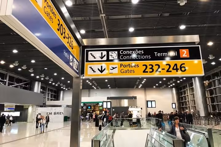 Busy airport terminal in Rio de Janeiro with travelers and clear signage for gates and connections.