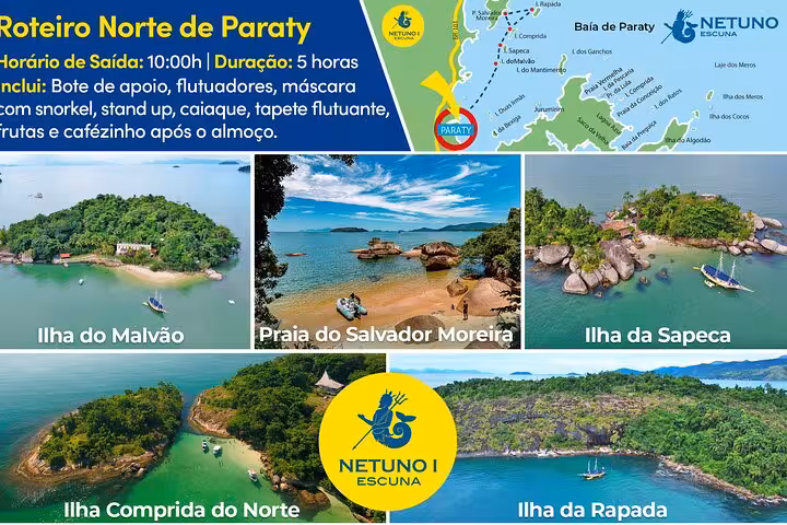 Tour map and images of picturesque locations for the Paraty schooner trip with standup paddle and kayak services.
