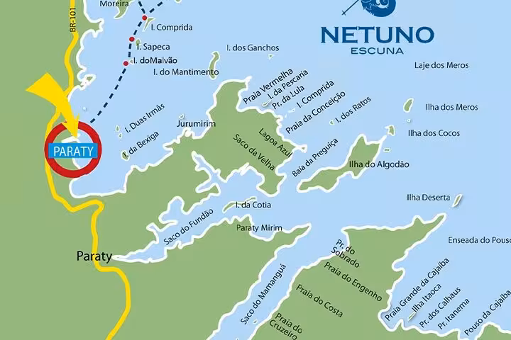 Detailed map highlighting Paraty and nearby islands, showcasing the schooner tour route with clear markers.