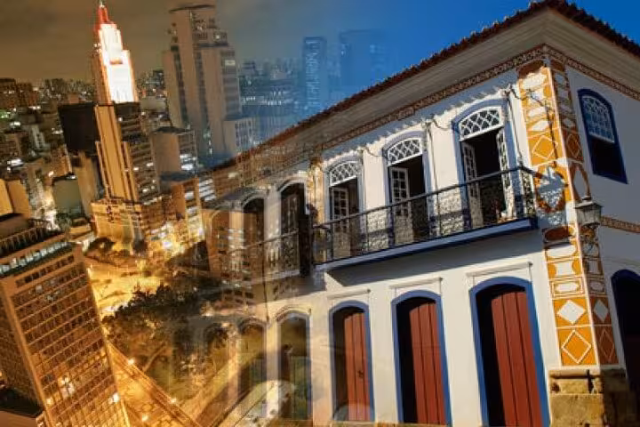 Vibrant collage of São Paulo's skyline and Paraty's colonial architecture, highlighting travel destination contrast.