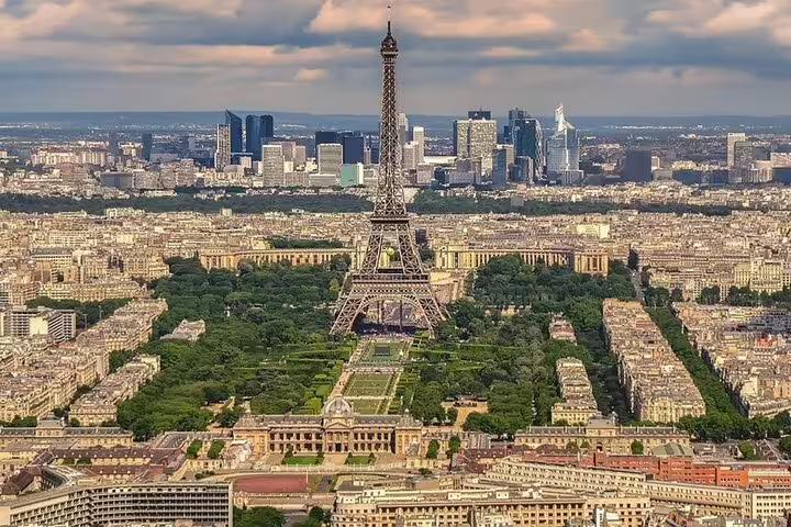 Eiffel Tower aerial view in Paris, starting point for private half-day trip to Fontainebleau Palace