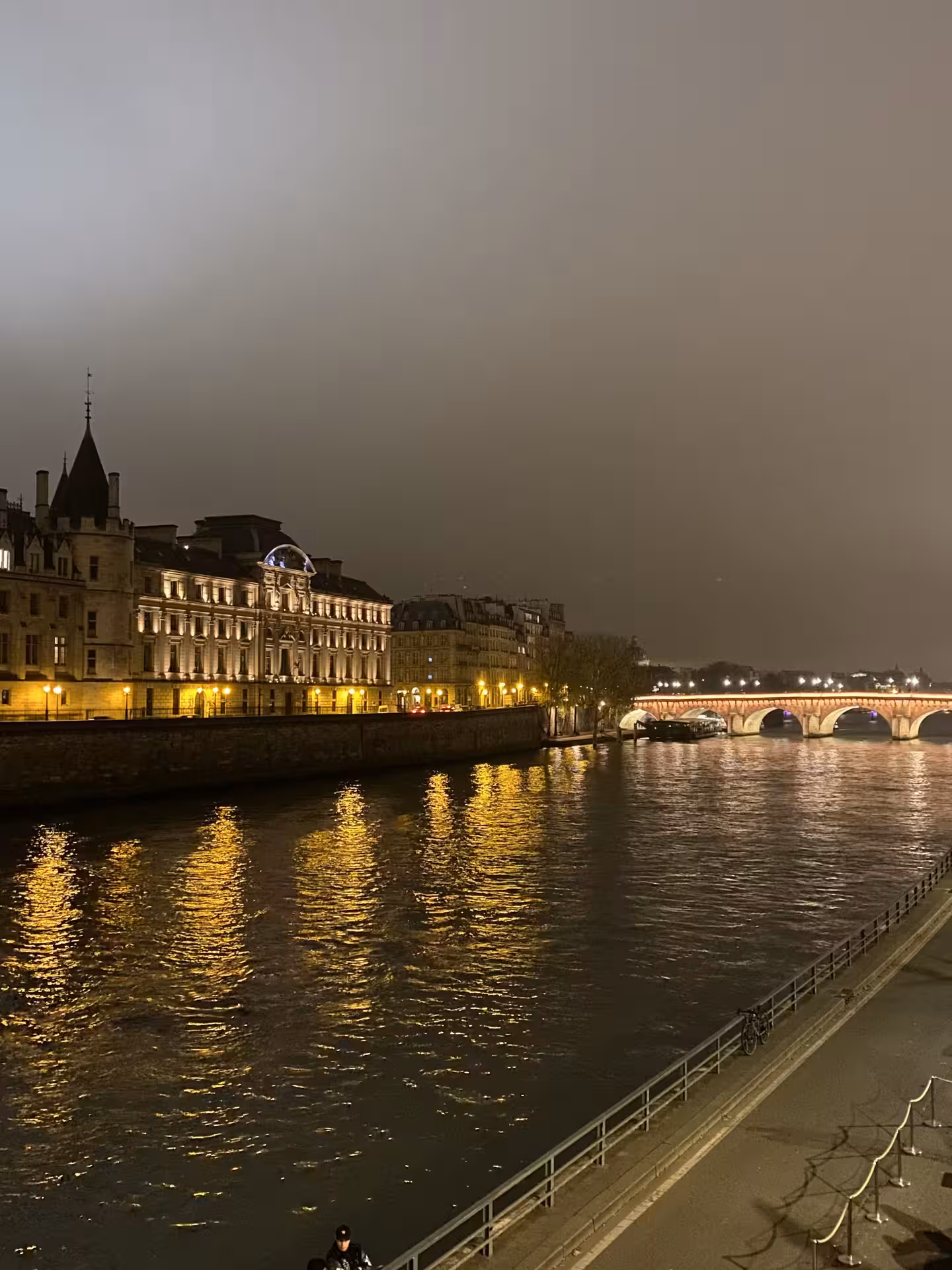 Night view of Parisian architecture along the Seine with lit bridges, perfect for a justice and crime tour experience.