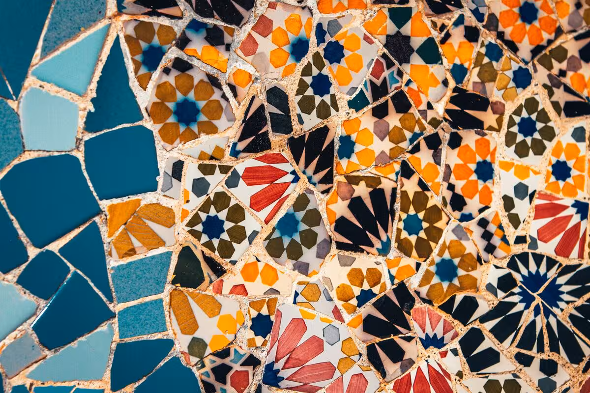 Park Güell Gaudí trencadís mosaic close-up on UNESCO tour with skip-the-line tickets in Barcelona