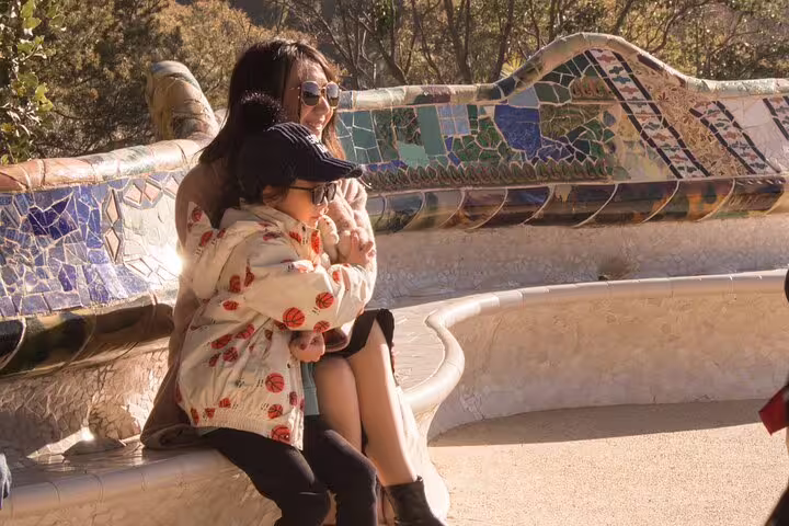 Visitors enjoy the colorful mosaic benches of Park Güell during a small group guided tour with fast-track entry.