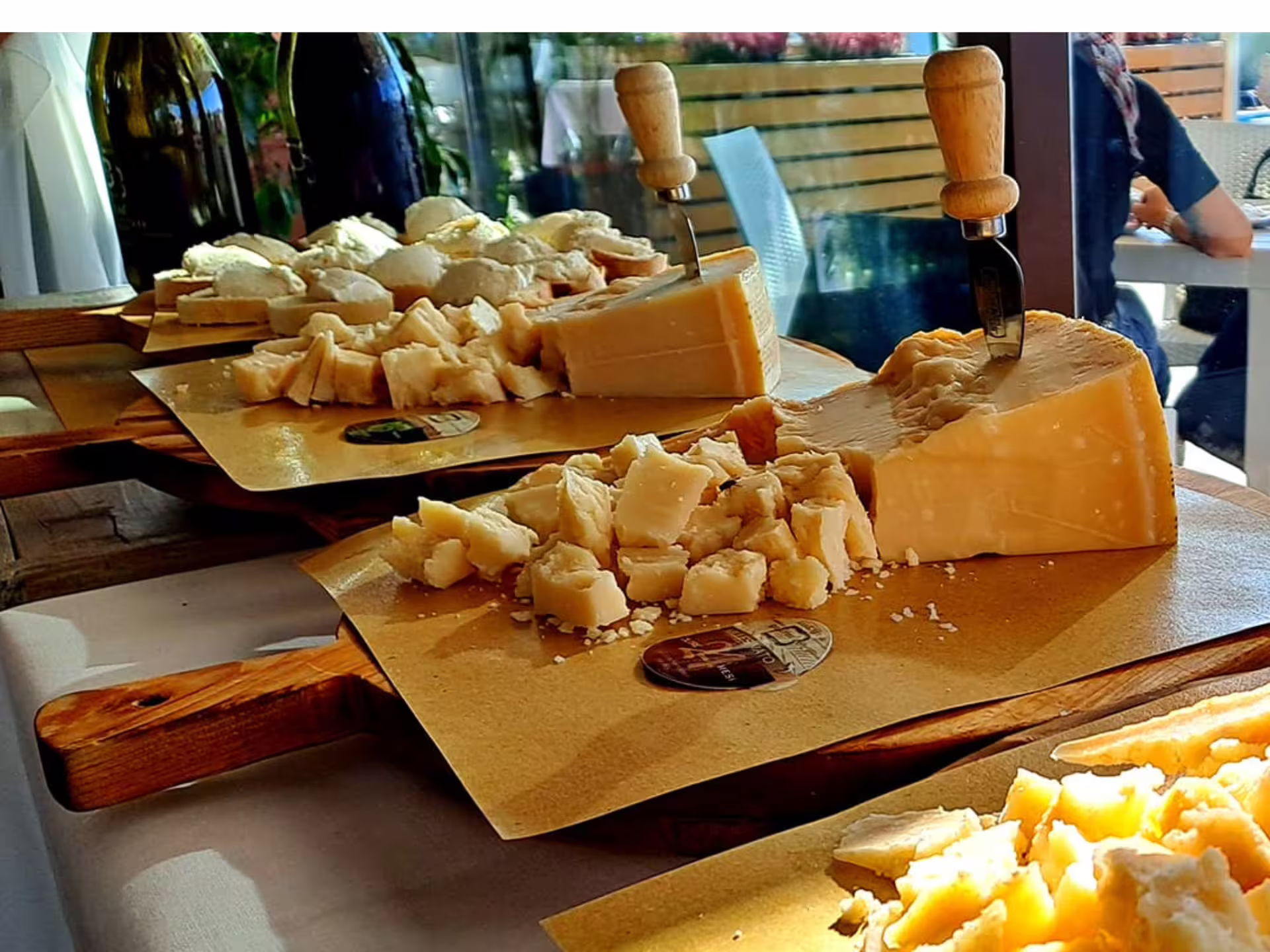 Close-up of Parmesan cheese chunks on tasting boards during a factory tour near Parma.