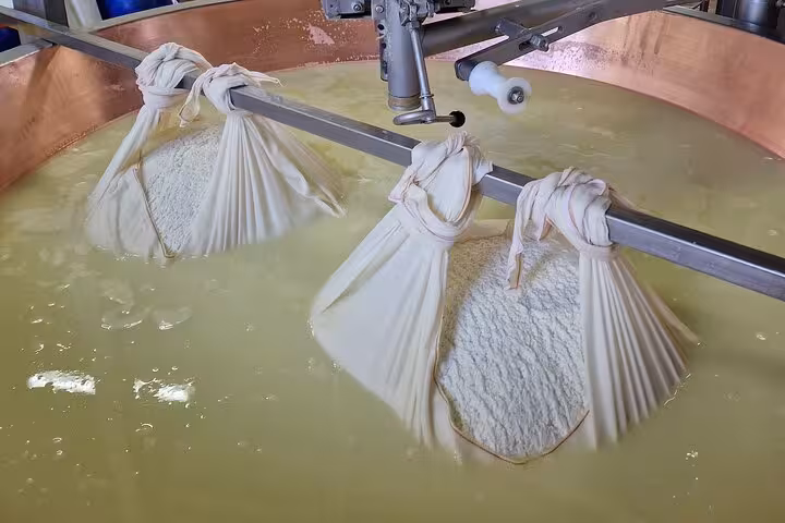 Traditional Parmesan cheese curds wrapped in cloth during production on a small group food tour in Italy.