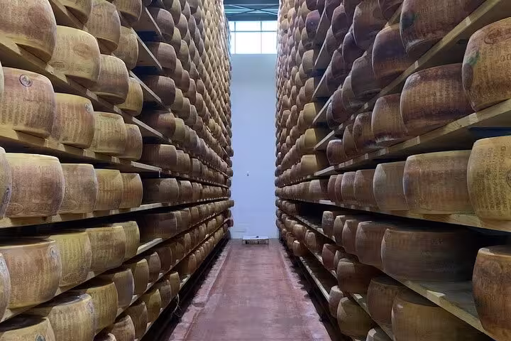 Rows of aging Parmesan cheese wheels in a temperature-controlled warehouse in Italy.