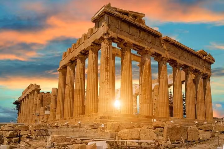 Parthenon on the Acropolis of Athens at sunset, skip-the-line tickets for fast entry to the iconic site