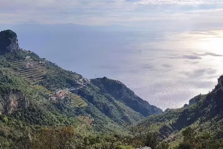Breathtaking view of the Amalfi Coast and Mediterranean Sea from the Path of the Gods hiking trail in Italy.