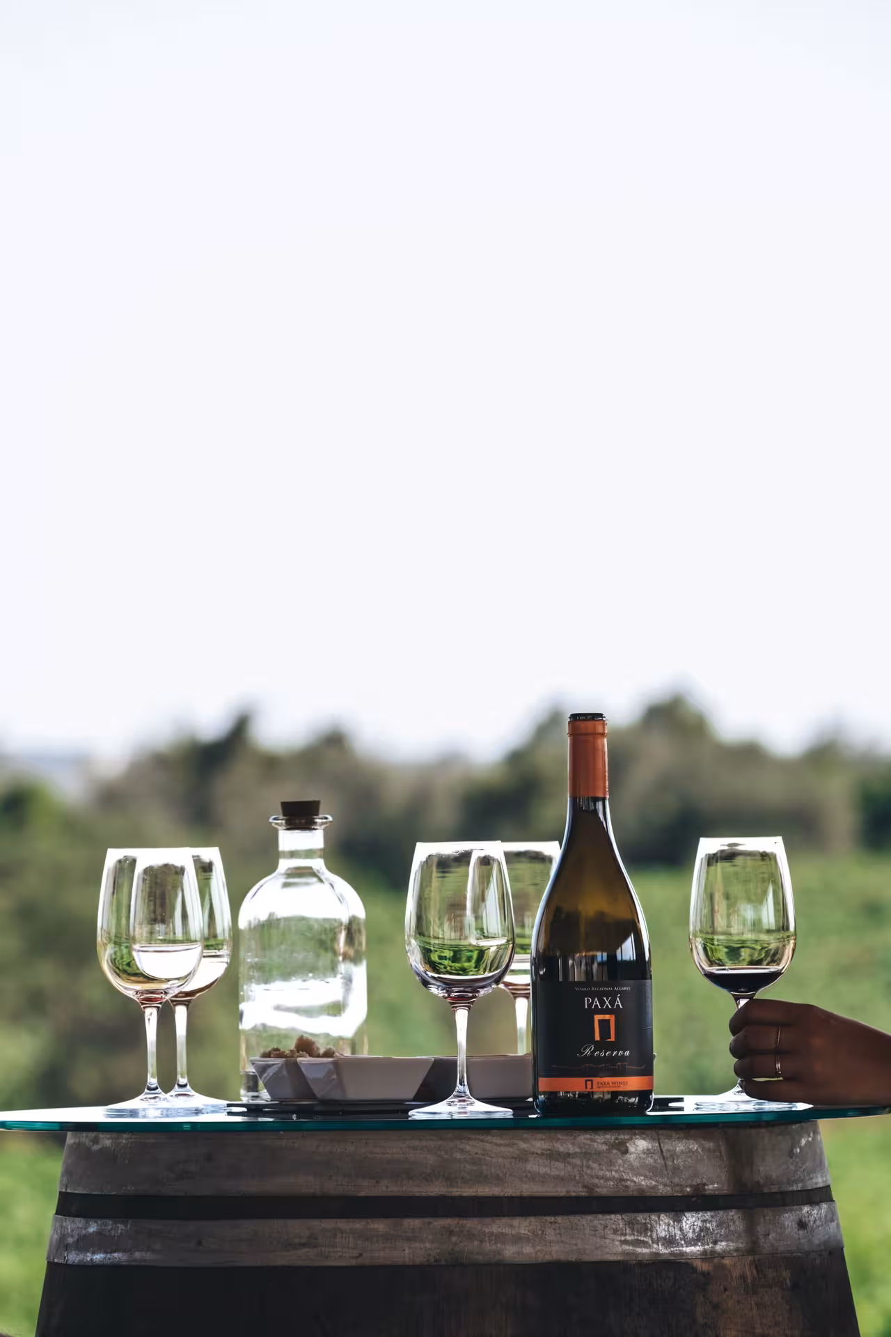 Close-up of Paxá Reserva bottle and tasting glasses on barrel table with vineyard views on Paxá Essence tour