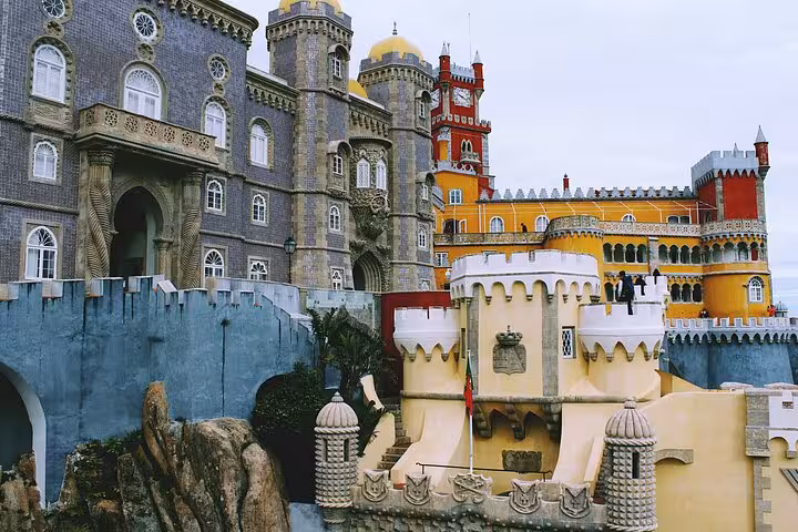 Close-up of the vibrant architectural details of Pena Palace, Sintra, a key attraction in the Lisbon private tour.
