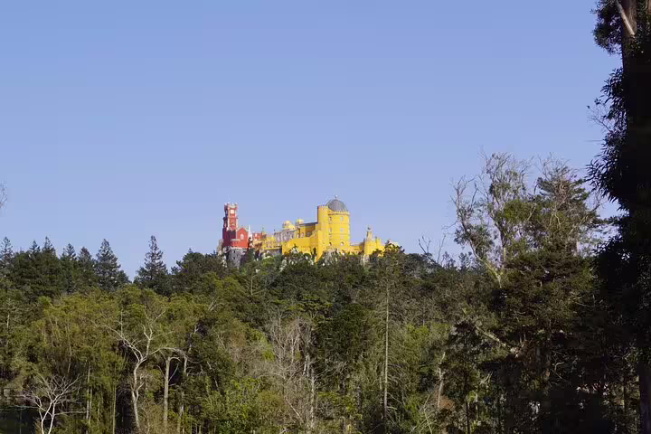 Discover the stunning view of Pena Palace rising above the lush Sintra forest during a jeep tour.