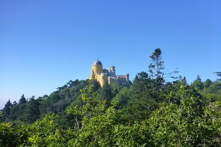 Pena Palace, a vibrant yellow castle, rises above lush greenery in Sintra, Portugal, under a clear blue sky, ideal for heritage tours.