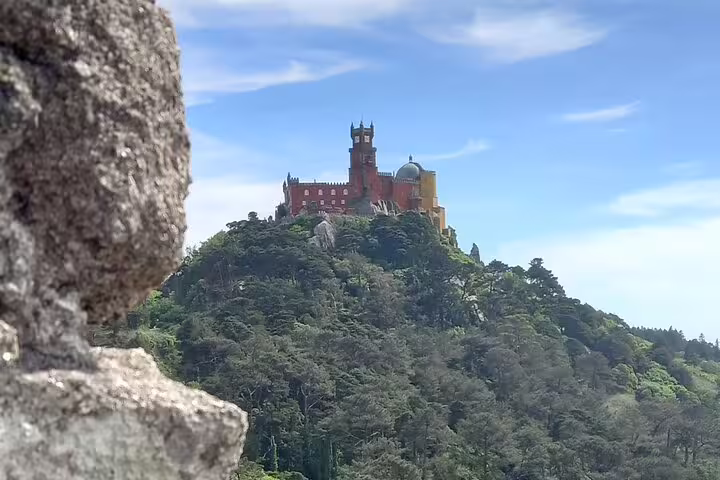Majestic view of Pena Palace surrounded by lush greenery under a clear blue sky in Sintra on a private tour.