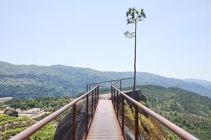 Wooden walkway leads to a lone tree with panoramic views of lush mountains in Peneda-Gerês National Park.