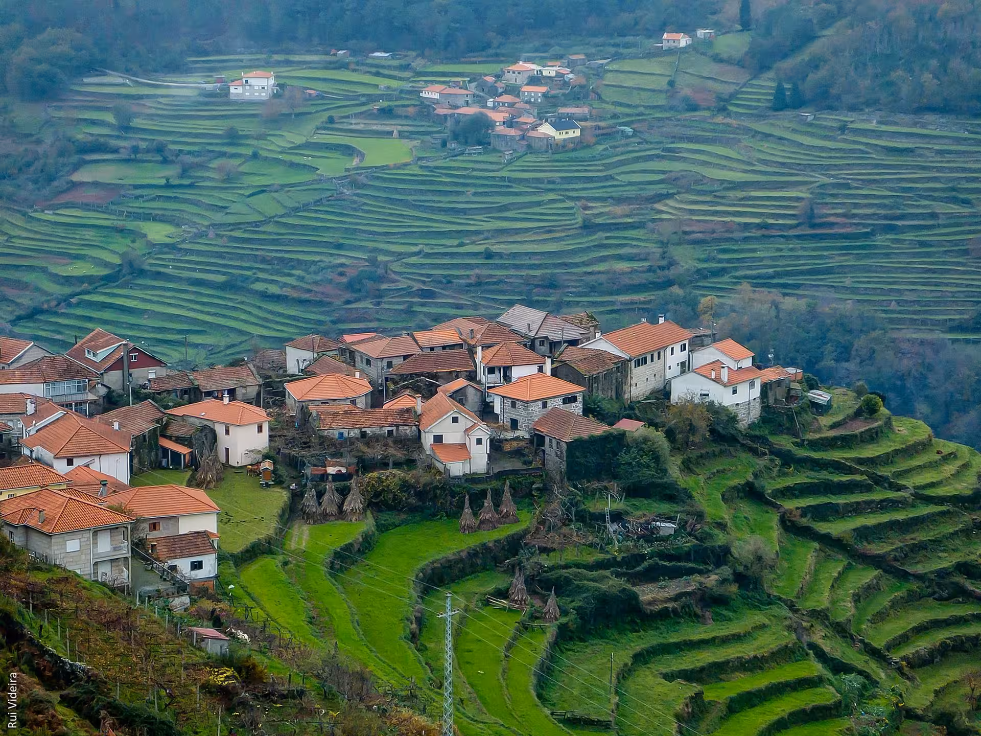 Charming village with terraced fields and red-roofed houses nestled in the lush landscapes of Peneda Geres National Park.