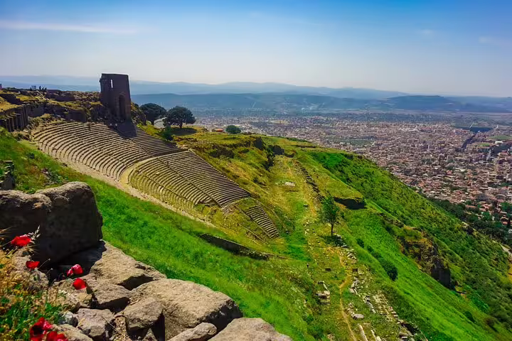 View of ancient amphitheater at Pergamon overlooking lush landscape on Spectacular Pergamon & Asceplion Tour.
