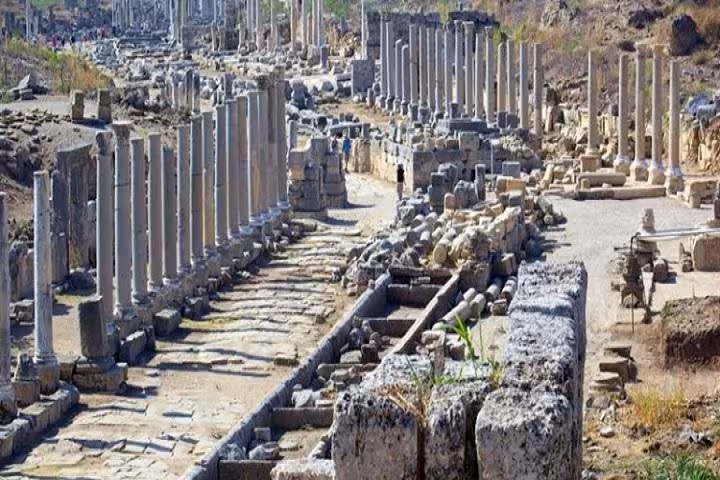 Perge ancient city colonnaded street ruins near Antalya, key stop on Aspendos, Perge and Side tour