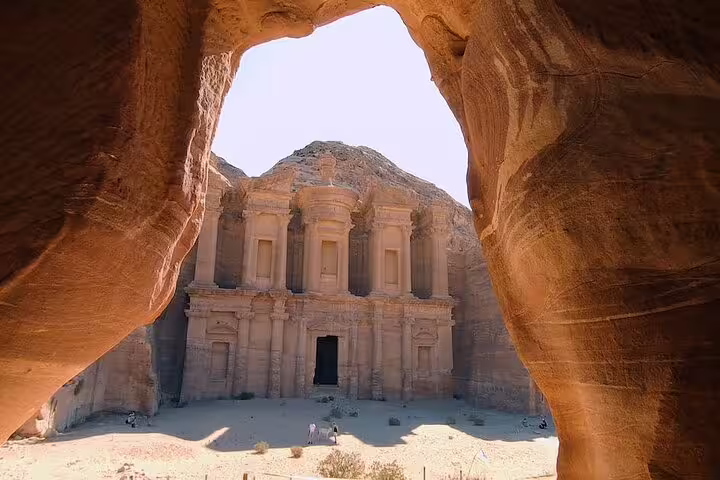 Petra Monastery (Ad Deir) framed by sandstone cliffs on Jordan day tour from Sharm El Sheikh