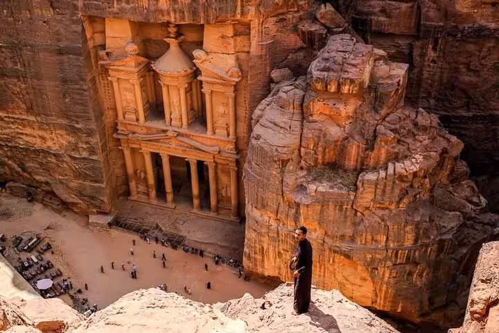 High viewpoint over Petra Treasury and canyon, scenic stop on Petra Temple and Jordan full day tour from Sharm El Sheikh