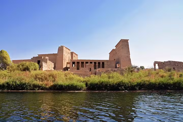 Wide view of Philae Temple complex from the Nile in Aswan, Egypt, ideal for a private guided tour by boat