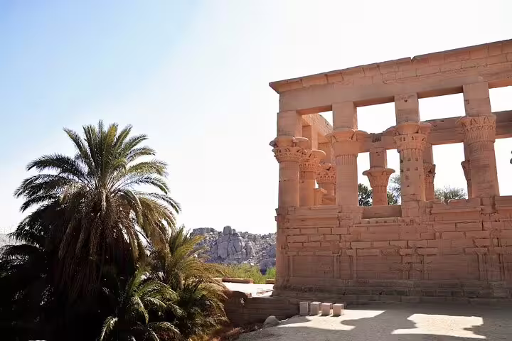 Philae Temple columns with palm trees in Aswan, Egypt, stop on private day tour including High Dam and Unfinished Obelisk