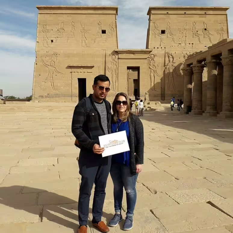 Travelers at Philae Temple in Luxor on private 2-night sleeper train trip from Cairo, guided tour photo