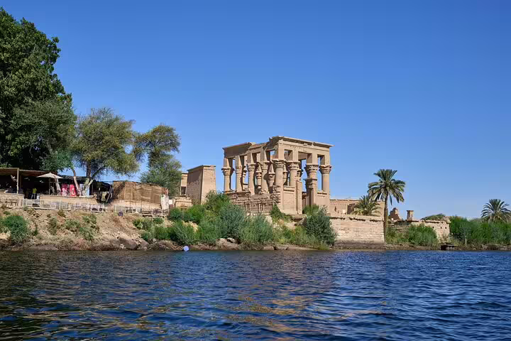Philae Temple riverside view from the Nile in Aswan, part of private day tour including High Dam and Unfinished Obelisk