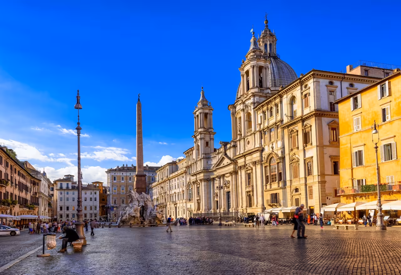 Piazza Navona with Sant'Agnese in Agone and obelisk, iconic stop on Baroque Rome theatrical guided tour