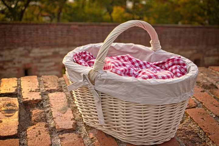 Charming picnic basket with red gingham cloth set against a rustic brick wall, ideal for a culinary walking tour.