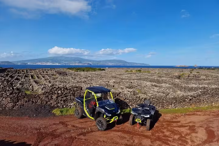 Two buggies parked on red dirt path surrounded by Pico Island vineyards with ocean view in the background.