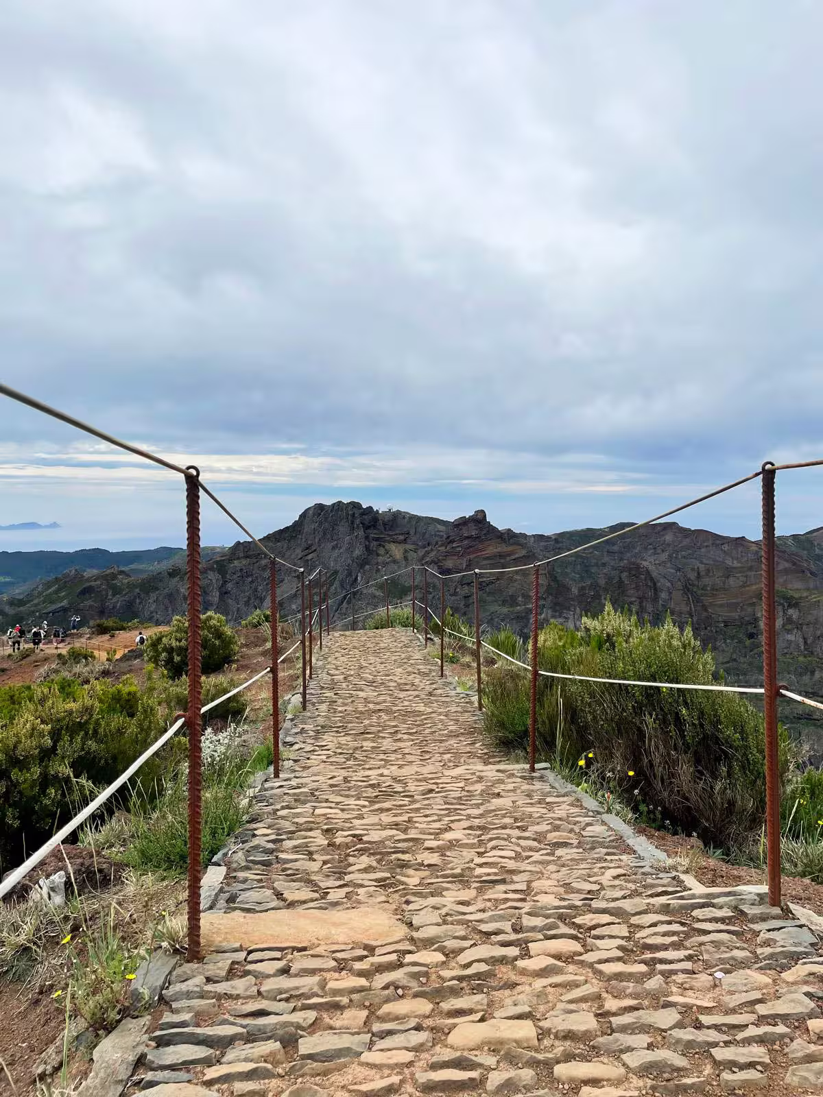 Stone path leading to Pico Ruivo summit surrounded by lush greenery and expansive mountain vistas.