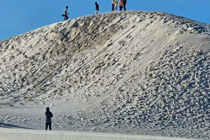 Visitors exploring a sandy hill under a clear blue sky on the Pinnacle Day Adventure Tour for outdoor enthusiasts.