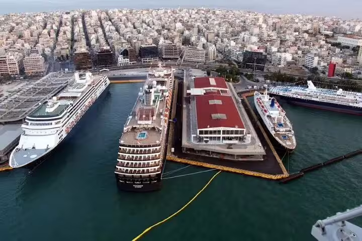 Aerial view of Piraeus Port cruise terminals, ideal pickup point for private departure transfer to Athens Airport