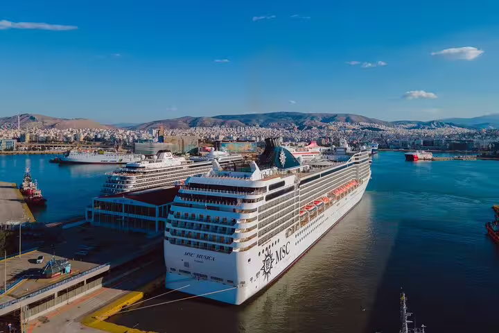 Aerial view of Piraeus Port cruise terminal near Athens, perfect for private transfer from port to city center