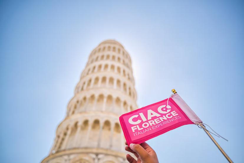 Vibrant flag against Pisa's Leaning Tower on a sunny day, perfect for Livorno shore excursion booking.